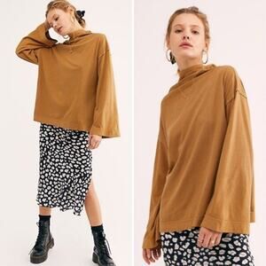 Free People Supernova Long Sleeve Tee Shirt Mock Neck XS Mustard Taupe Color